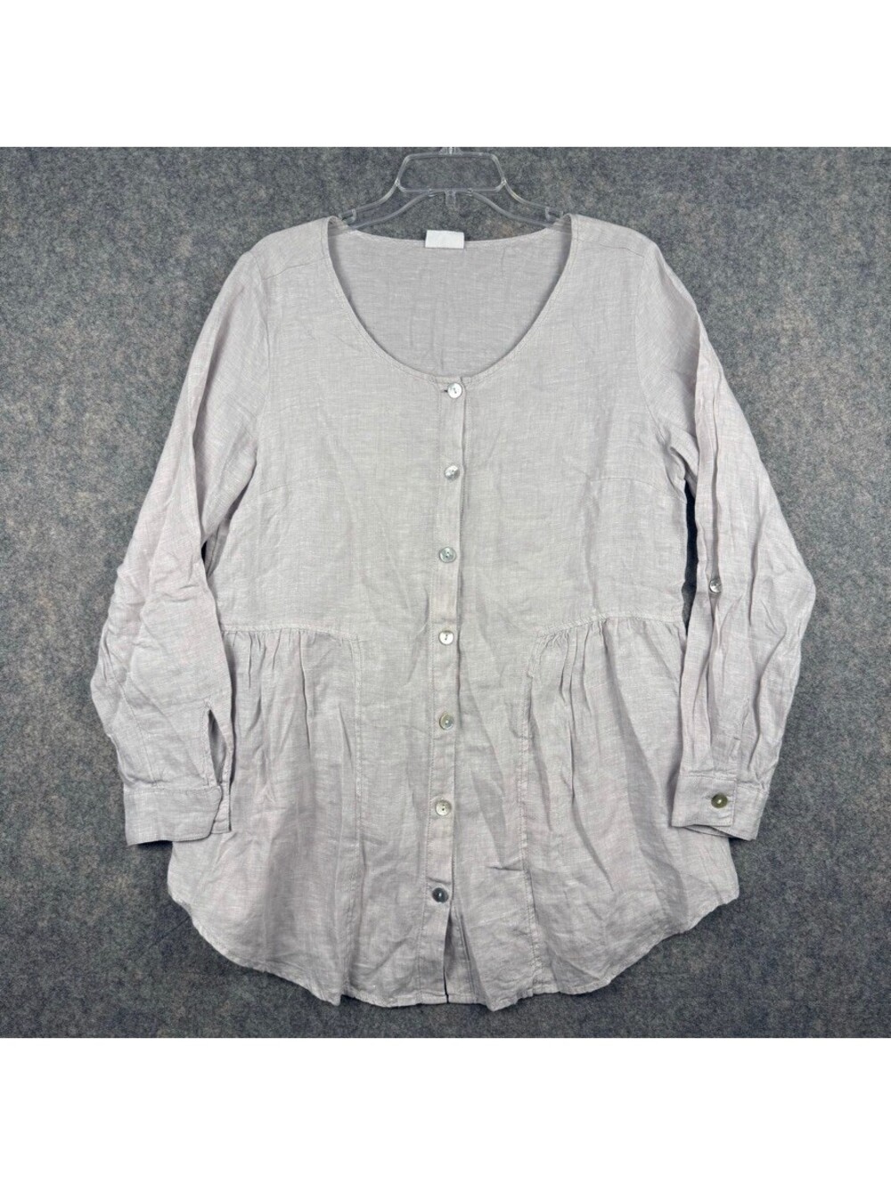 Sigrid Olsen 100% Linen Button-Up Peplum Tunic Beige Size XL Lagenlook 253